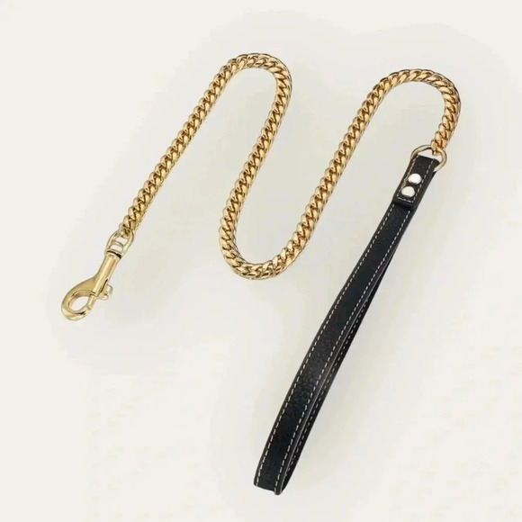 18K Gold Plated Dog Chain Leash Lead Designer Trendy Show Training Black Handle - Picture 1 of 5